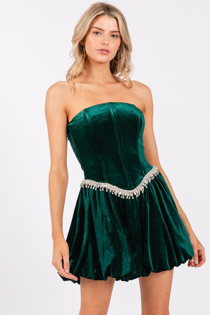 VELVET BALLOON MINI DRESS W/ RHINESTONE WAIST LINE