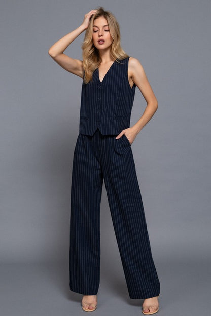 V-NECKLINE PIN STRIPE WOVEN VEST AND STRAIGHT PANTS SET