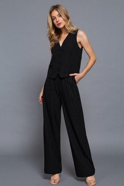 V-NECKLINE PIN STRIPE WOVEN VEST AND STRAIGHT PANTS SET