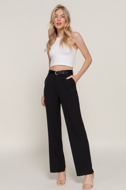 FAUX LEATHER BELTED SEMI FAIRE PANTS