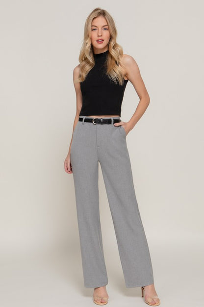 FAUX LEATHER BELTED SEMI FAIRE PANTS