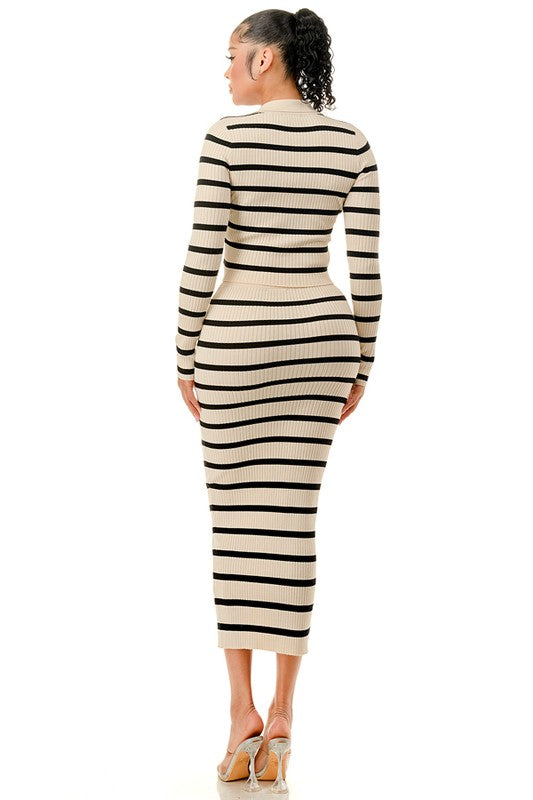 STRIPED FRONT V CUT TOP AND MIDI BODYCON SKIRT SET