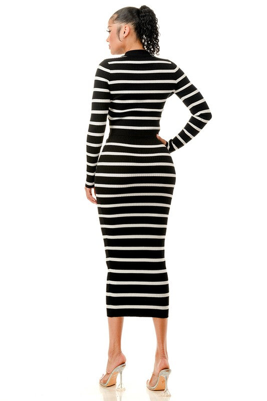 STRIPED FRONT V CUT TOP AND MIDI BODYCON SKIRT SET