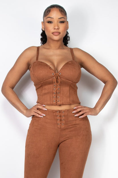 Lace-Up Padded Velour Crop Top And Shorts Set