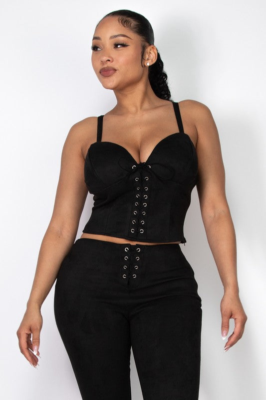 Lace-Up Padded Velour Crop Top And Shorts Set