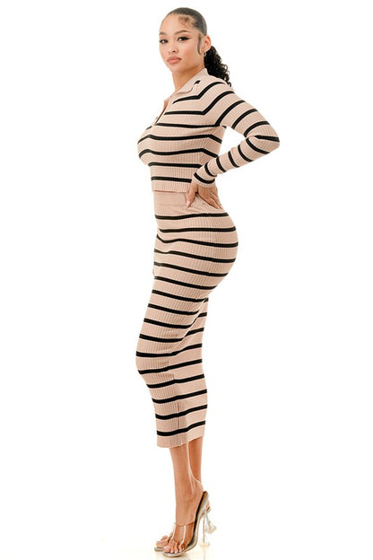 STRIPED FRONT V CUT TOP AND MIDI BODYCON SKIRT SET