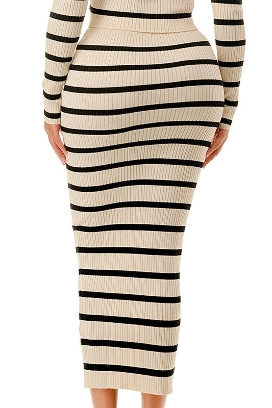 STRIPED FRONT V CUT TOP AND MIDI BODYCON SKIRT SET