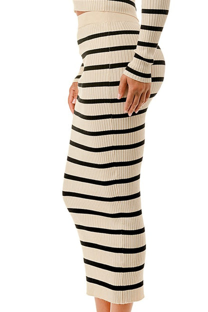 STRIPED FRONT V CUT TOP AND MIDI BODYCON SKIRT SET