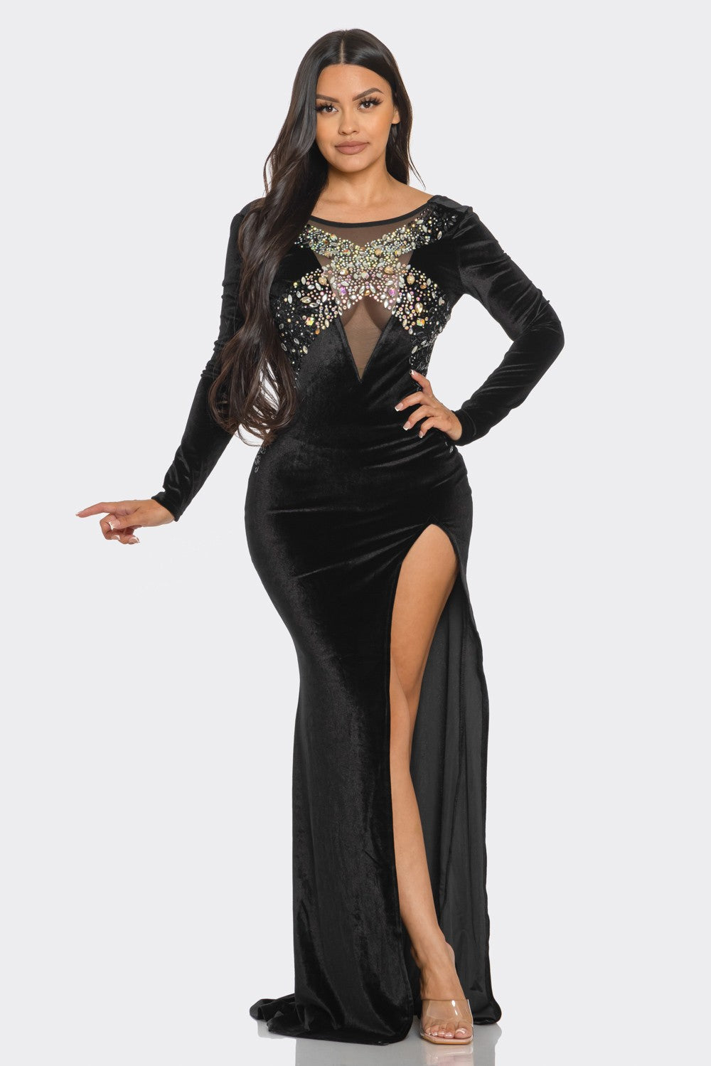 RHINESTONE EMBELLISHED LONG SLEEVE MAXI DRESS