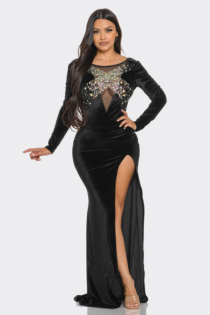 RHINESTONE EMBELLISHED LONG SLEEVE MAXI DRESS