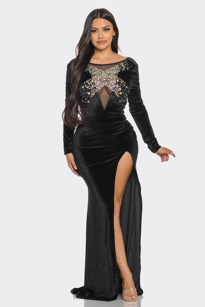 RHINESTONE EMBELLISHED LONG SLEEVE MAXI DRESS