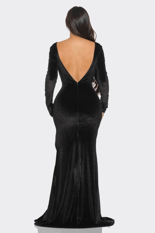 RHINESTONE EMBELLISHED LONG SLEEVE MAXI DRESS