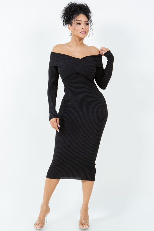 LUREX OFF SHOULDER MIDI DRESS