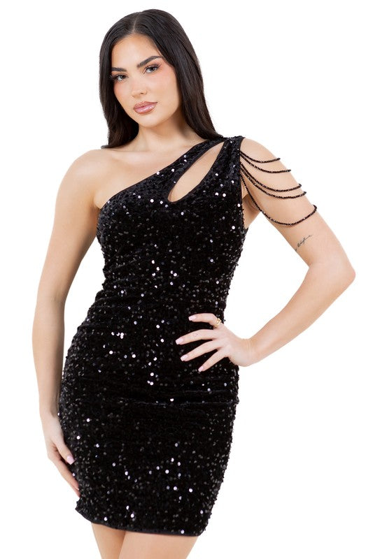 ONE SHOULDER BEADED SHORT DRESS