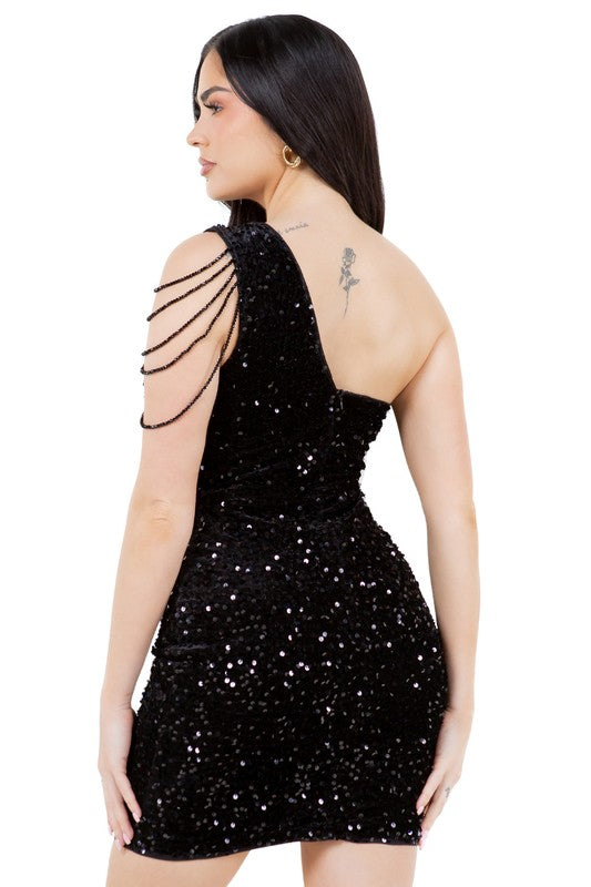 ONE SHOULDER BEADED SHORT DRESS