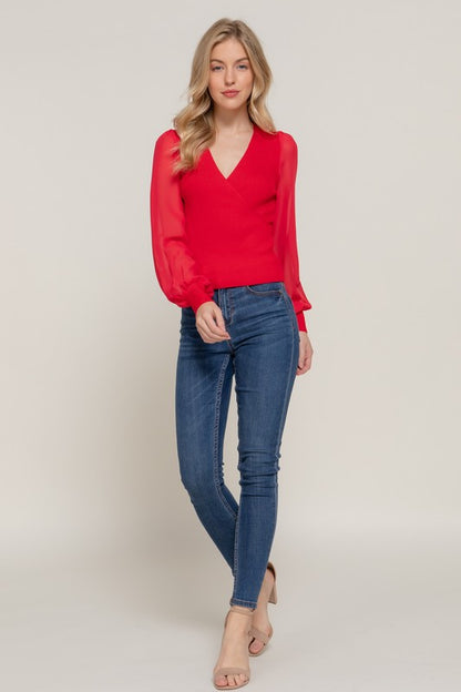 CHIFFON LONG SLV SURPLICE SWEATER