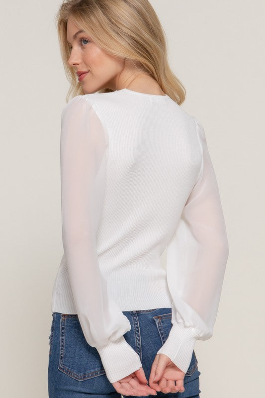 CHIFFON LONG SLV SURPLICE SWEATER