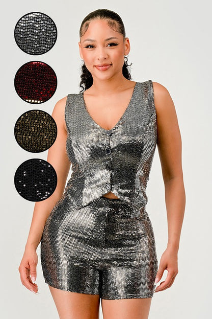 SEQUIN BUTTON VEST AND SHORTS SET