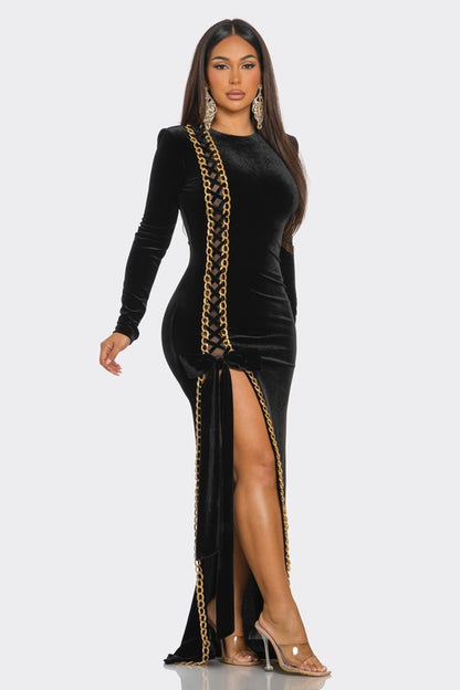 GOLD CHAIN EMBELLISHED SOLID VELVET MAXI DRESS