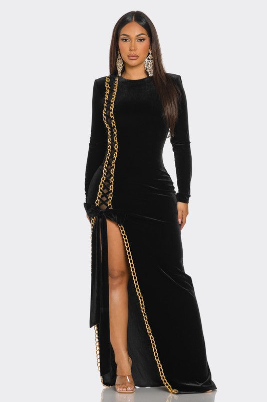 GOLD CHAIN EMBELLISHED SOLID VELVET MAXI DRESS