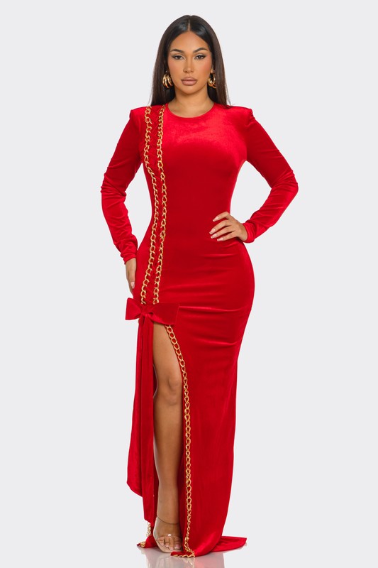 GOLD CHAIN EMBELLISHED SOLID VELVET MAXI DRESS Bella Chica GOLD CHAIN EMBELLISHED SOLID VELVET MAXI DRESS Bella Chica