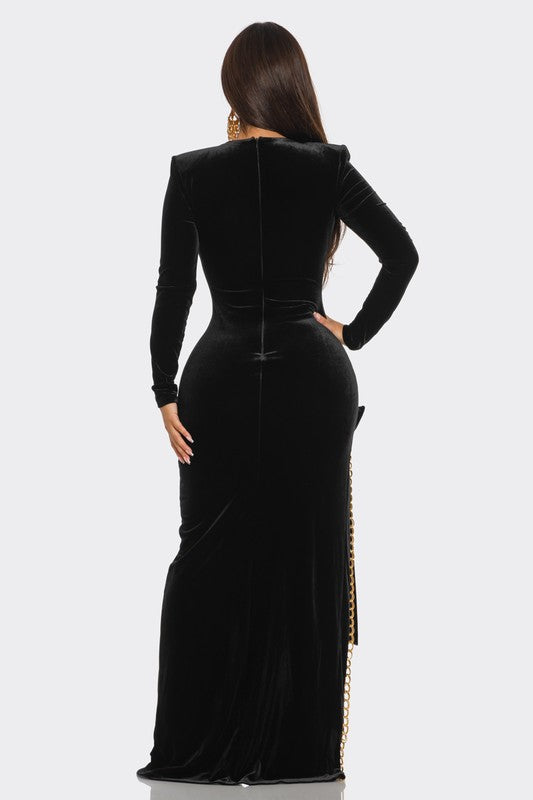 GOLD CHAIN EMBELLISHED SOLID VELVET MAXI DRESS