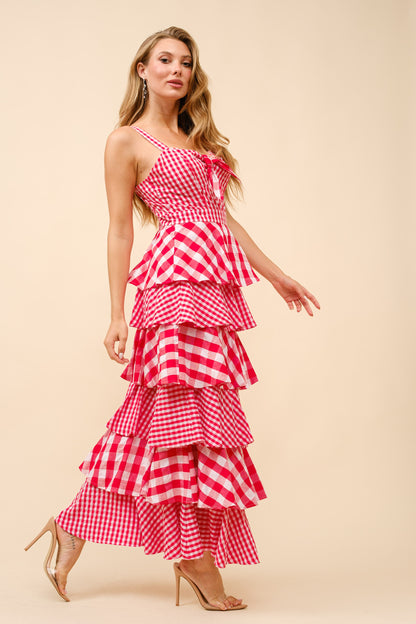 Gingham Maxi Ruffle Sleeveless Dress