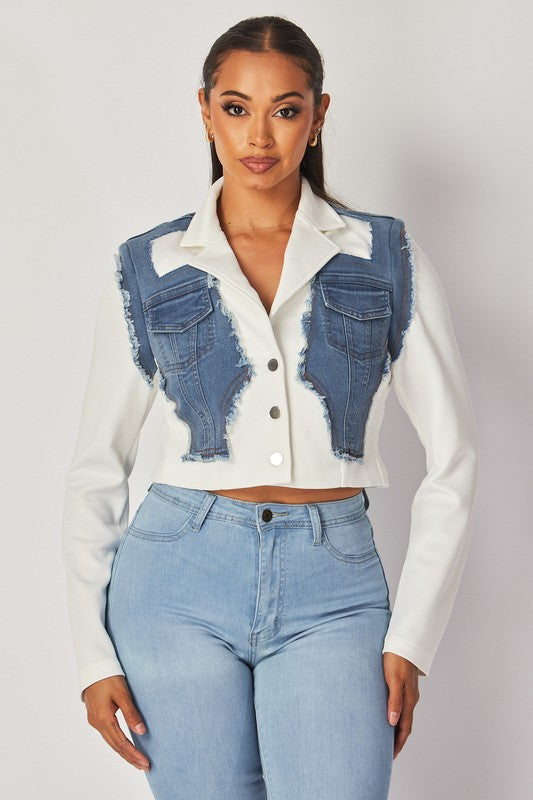 AMBERLYN DENIM CONTRAST CROP BLAZER JACKET