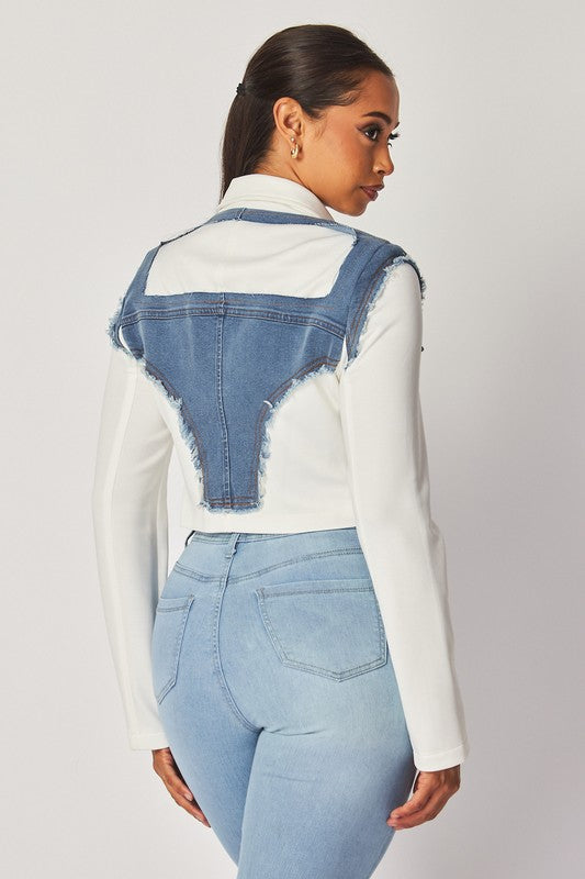 AMBERLYN DENIM CONTRAST CROP BLAZER JACKET