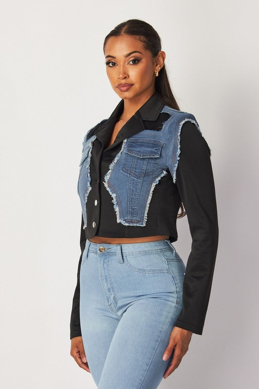 AMBERLYN DENIM CONTRAST CROP BLAZER JACKET