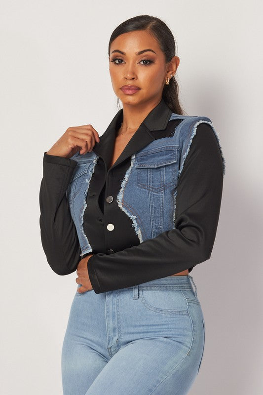 AMBERLYN DENIM CONTRAST CROP BLAZER JACKET