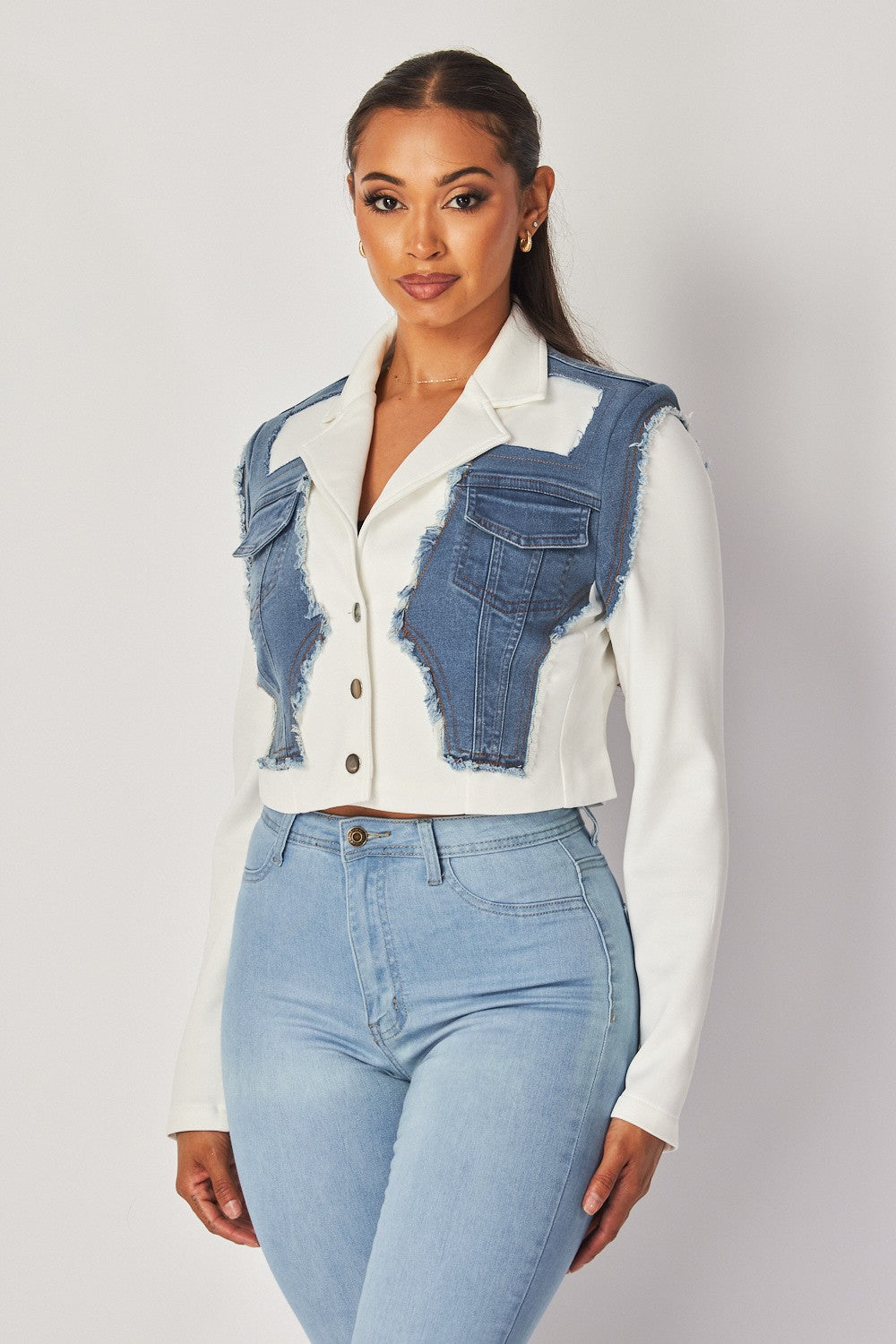 AMBERLYN DENIM CONTRAST CROP BLAZER JACKET