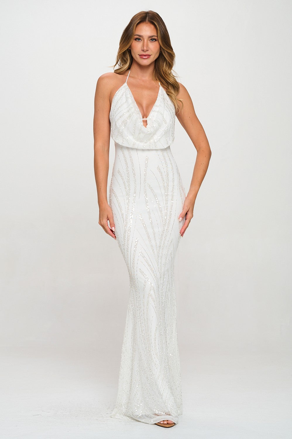 Sequins Cowl Neck Lace Up Mermaid Maxi Dress