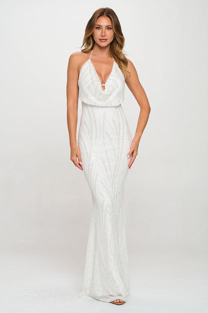 Sequins Cowl Neck Lace Up Mermaid Maxi Dress