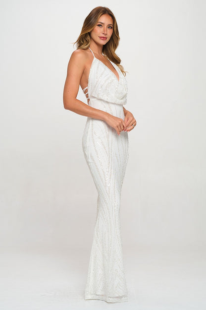 Sequins Cowl Neck Lace Up Mermaid Maxi Dress