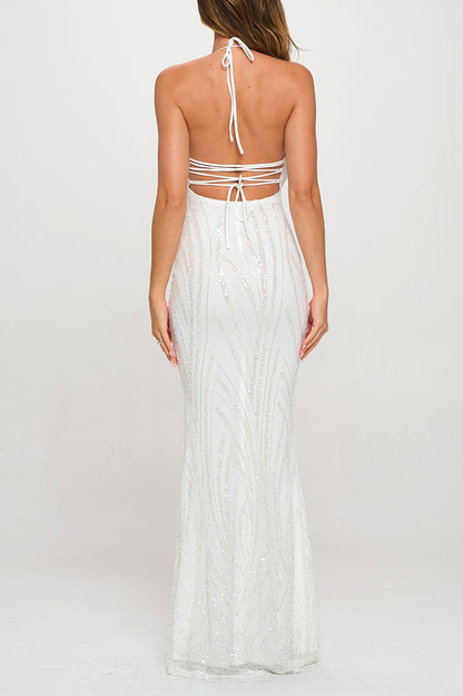 Sequins Cowl Neck Lace Up Mermaid Maxi Dress