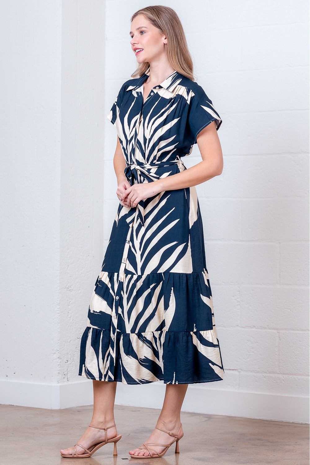 Printed Short Slvs Button Down Shirt Dress W/ Belt