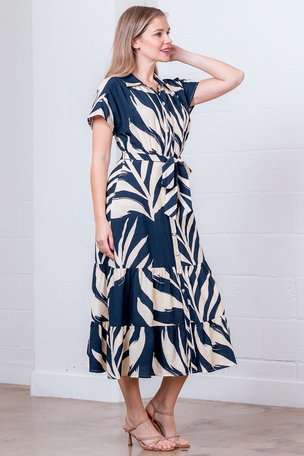 Printed Short Slvs Button Down Shirt Dress W/ Belt