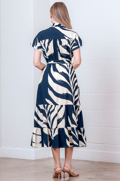 Printed Short Slvs Button Down Shirt Dress W/ Belt