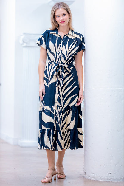 Printed Short Slvs Button Down Shirt Dress W/ Belt