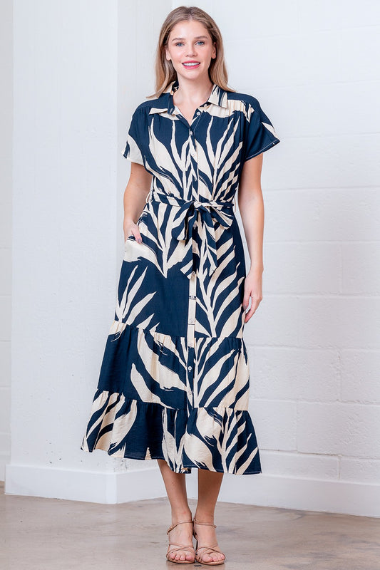 Printed Short Slvs Button Down Shirt Dress W/ Belt