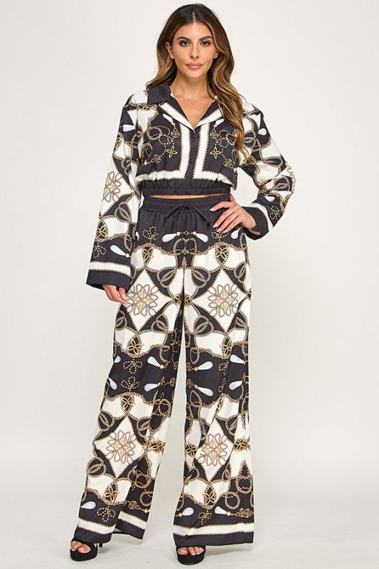 PRINT LONG SLEEVE TOP WITH WIDE LEG PANTS SET