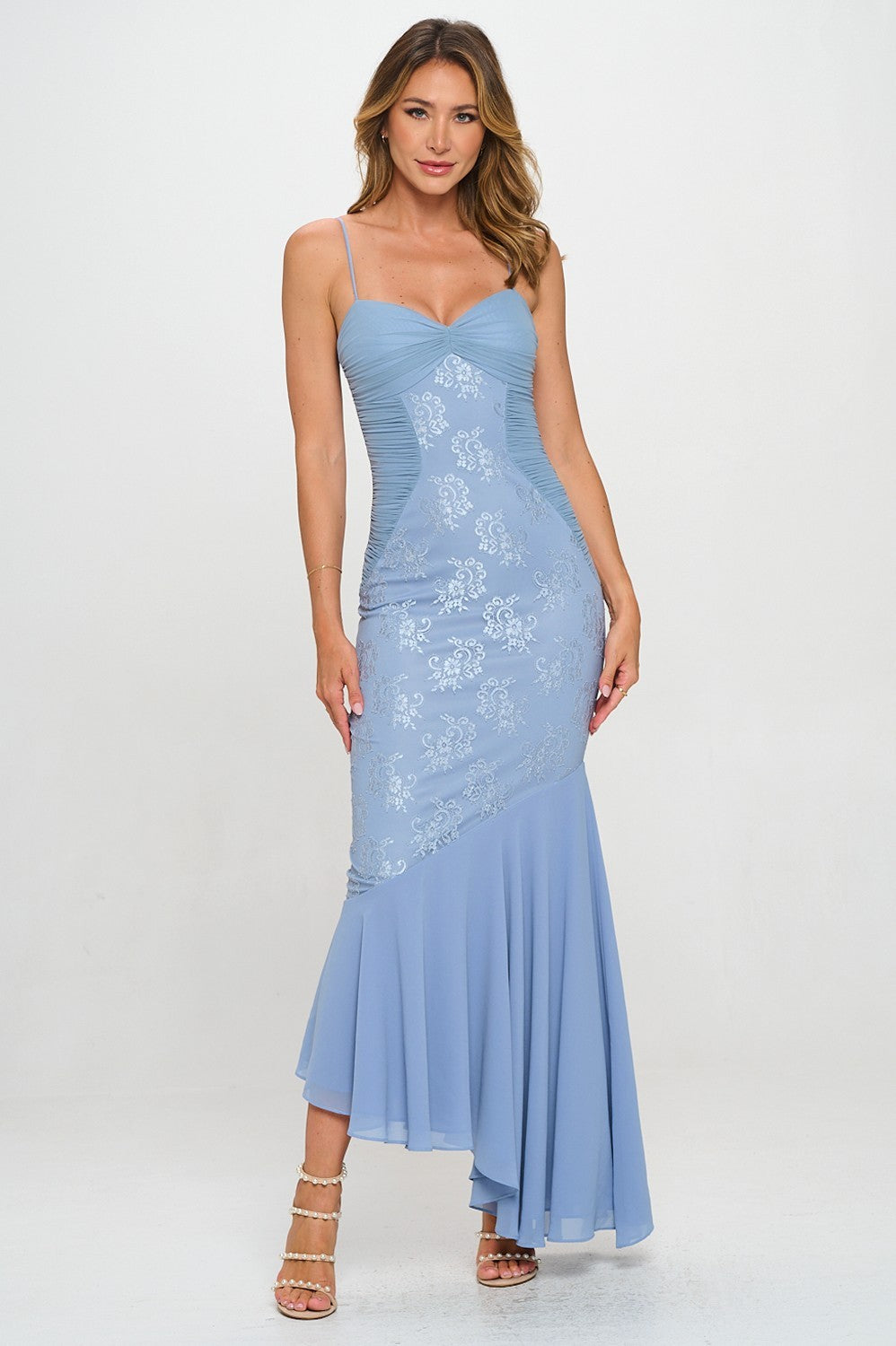 ruched ruffle dress LACE RUCHED RUFFLE MAXI PARTY DRESS – Bella Chica