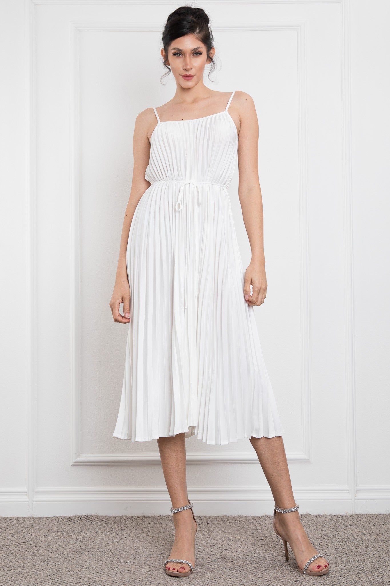 SPAGETTI SHOULDER PLEATED MIDI DRESS