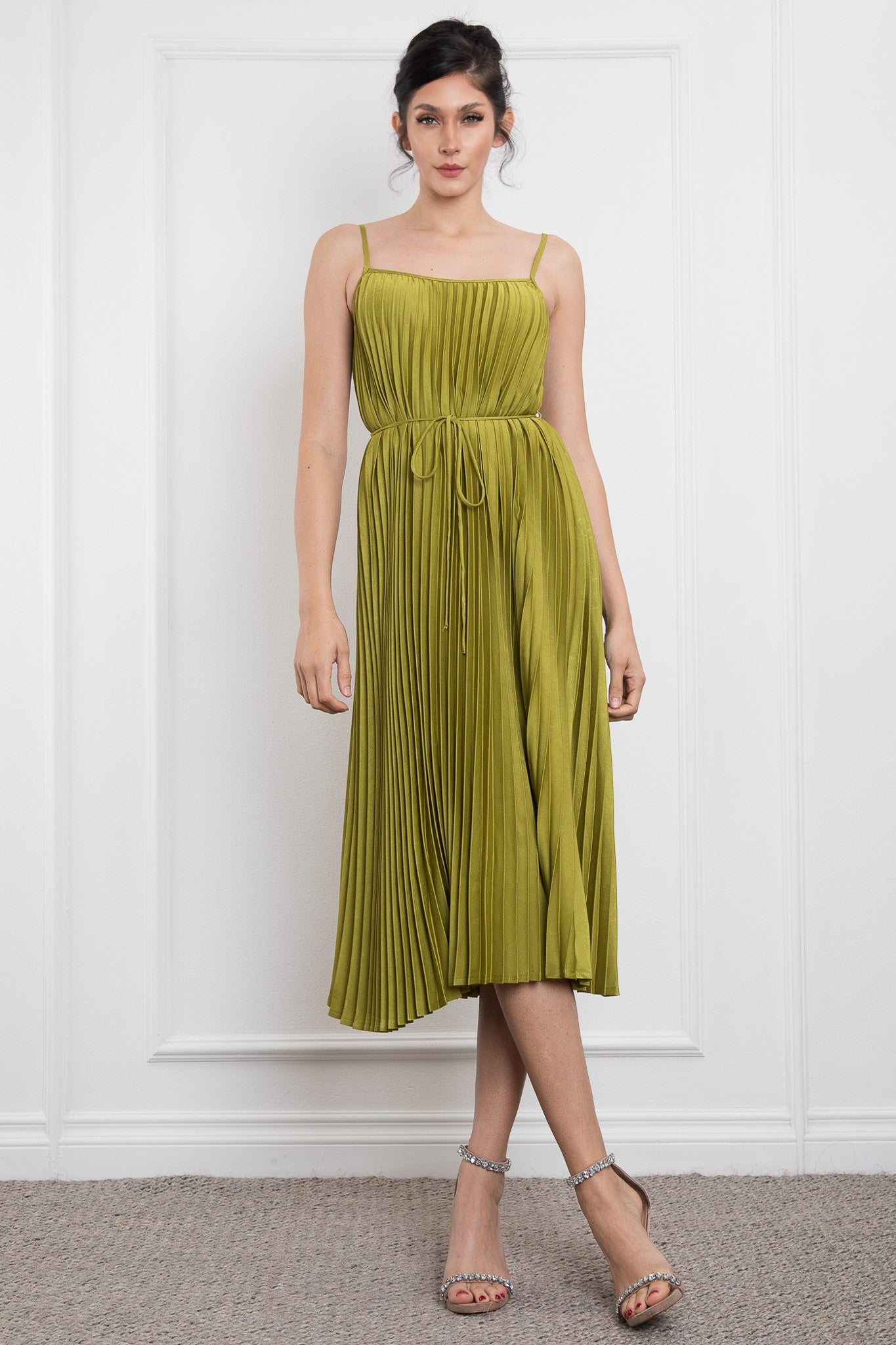 SPAGETTI SHOULDER PLEATED MIDI DRESS