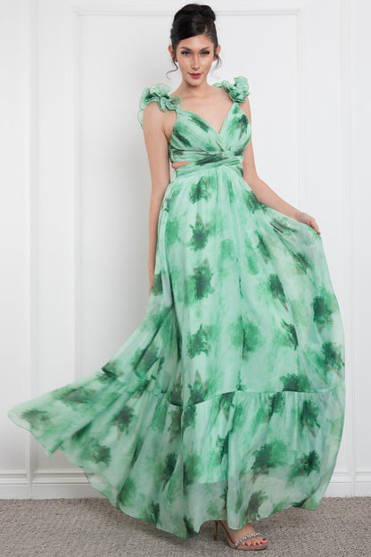 Open Side Ruffle Shoulder Sleeveless Maxi Dress