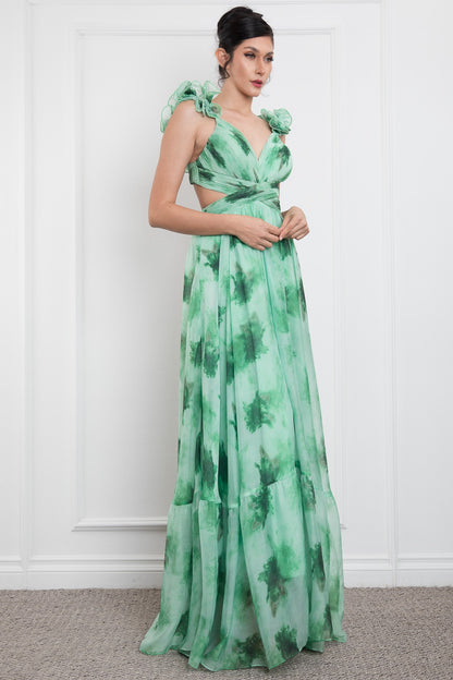 Open Side Ruffle Shoulder Sleeveless Maxi Dress
