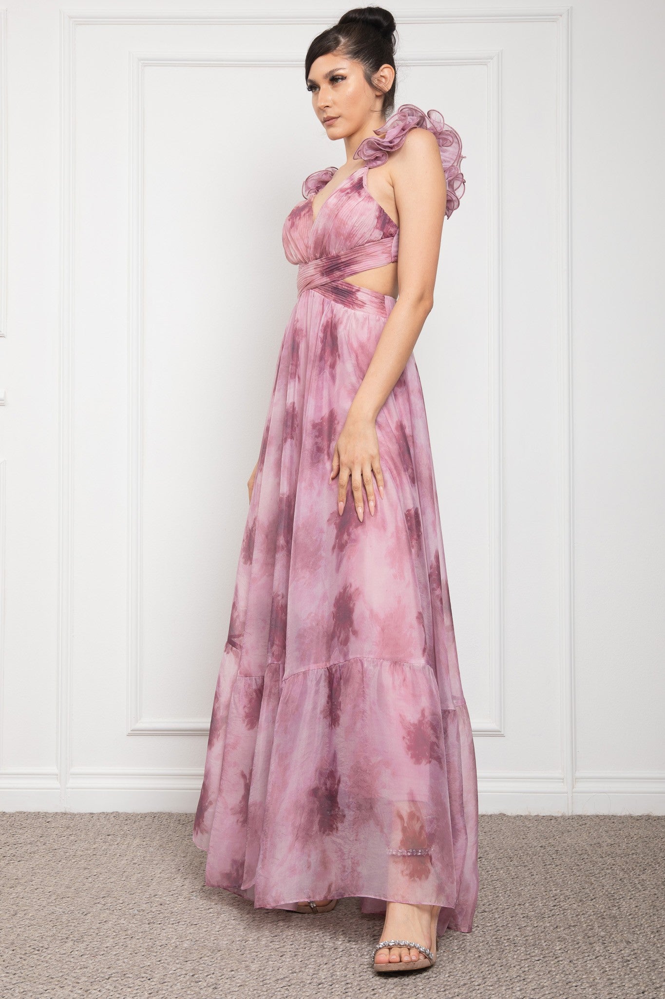 Open Side Ruffle Shoulder Sleeveless Maxi Dress
