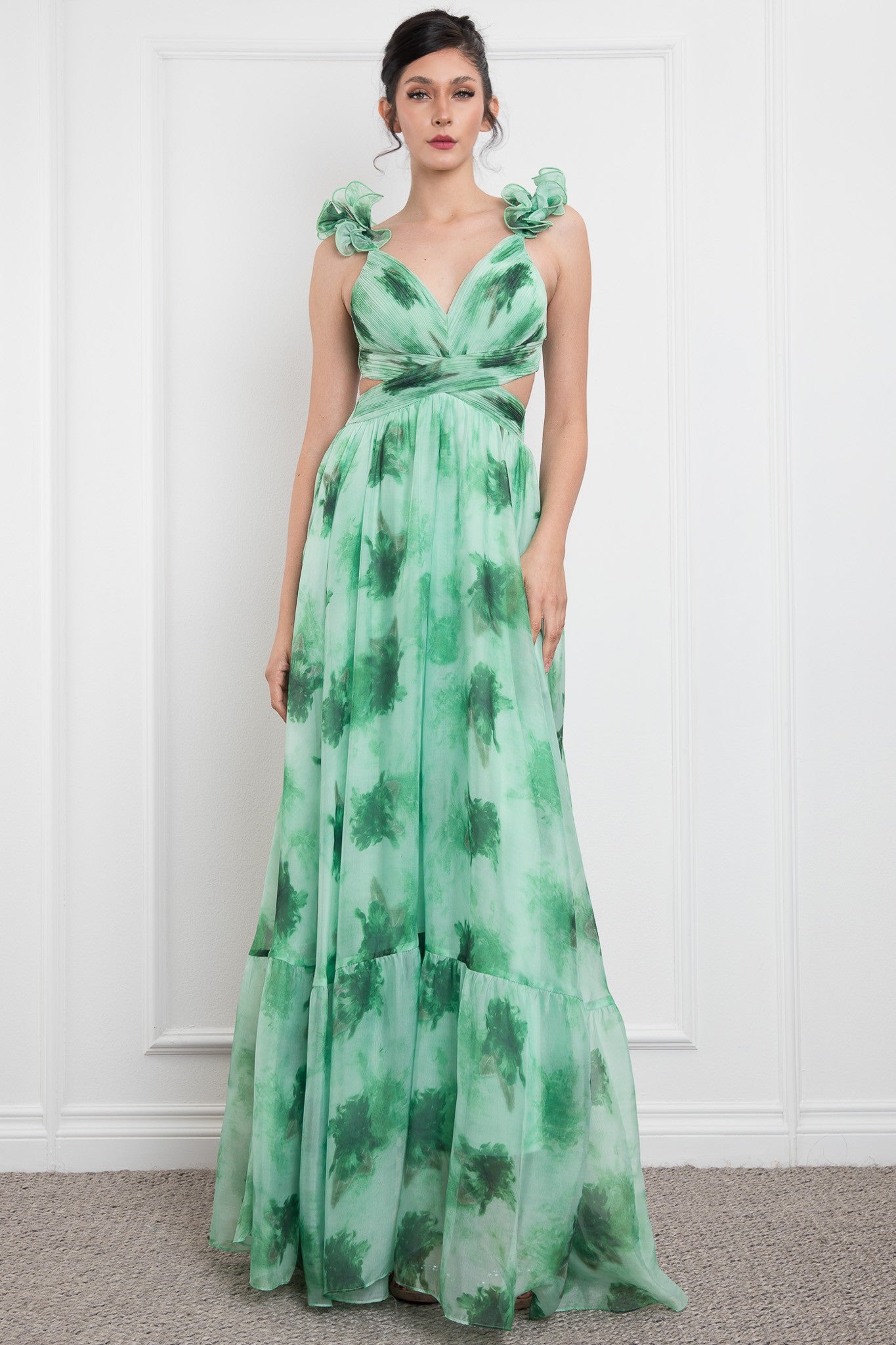 Open Side Ruffle Shoulder Sleeveless Maxi Dress
