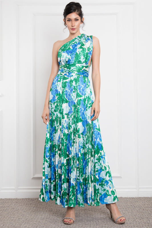 ONE SHOULDER PLEATED SIDE ZIP UP MAXI DRESS